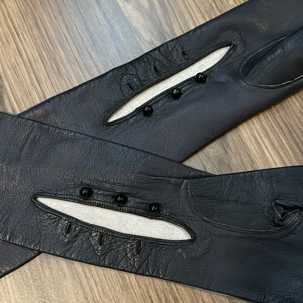 Antique Leather Soft Genuine Black Long Opera Evening Petite Chic Gloves Italy 7 - Picture 9 of 15